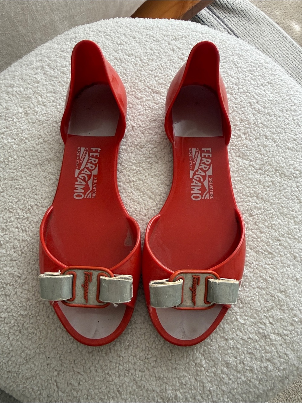 Salvatore Ferragamo Red Jelly D'Orsay Flats with Bow Accent